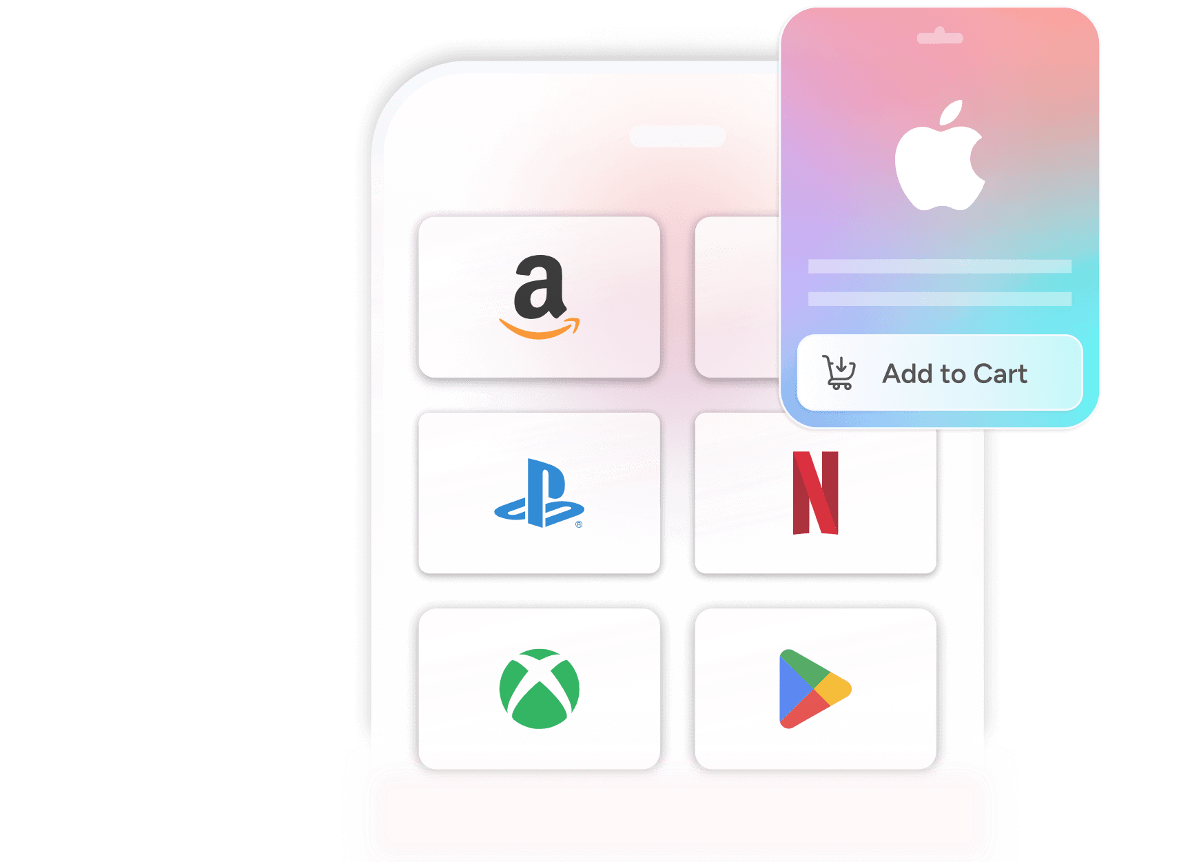 Smartphone displaying various app logos, including Amazon, PlayStation, Netflix, Xbox, and Google Play, with an Apple Gift Card and an 'Add to Cart' button.